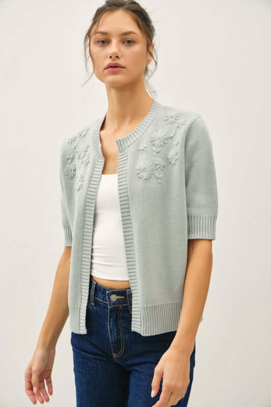Oops a Daisy Embroidered Open Cardigan in Blue Sage