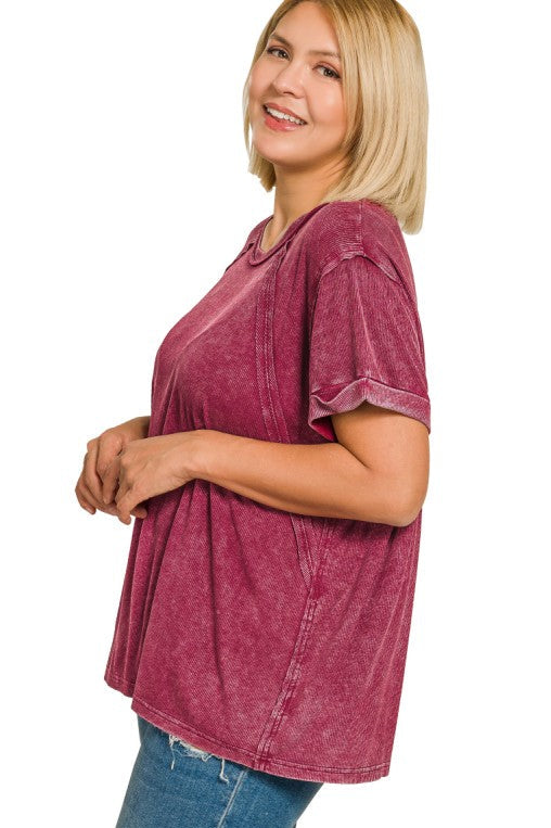 Teagan Mineral Washed Ribbed Top in Cabernet - Curvy