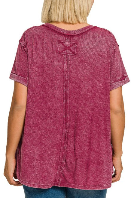 Teagan Mineral Washed Ribbed Top in Cabernet - Curvy