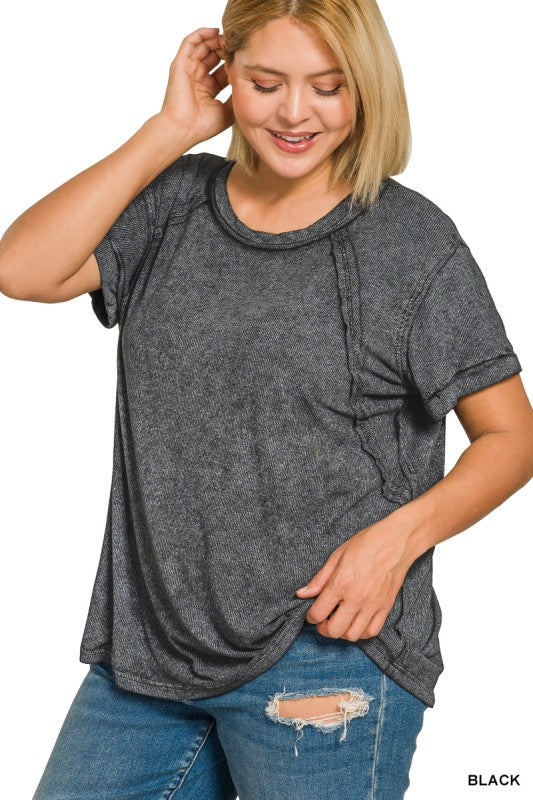 Teagan Mineral Washed Ribbed Tee in Ash Black - Curvy
