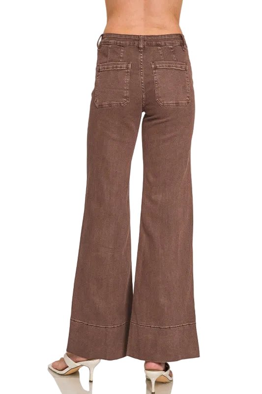 Wendy Mid-Rise Wide Leg Denim Pants in Rum Brown