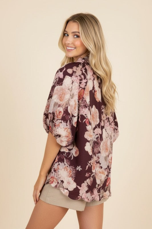 Vintage Roses Poof Sleeve Blouse in Burgundy - Curvy