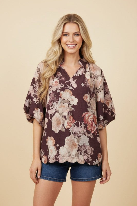 Vintage Roses Poof Sleeve Blouse in Burgundy - Curvy