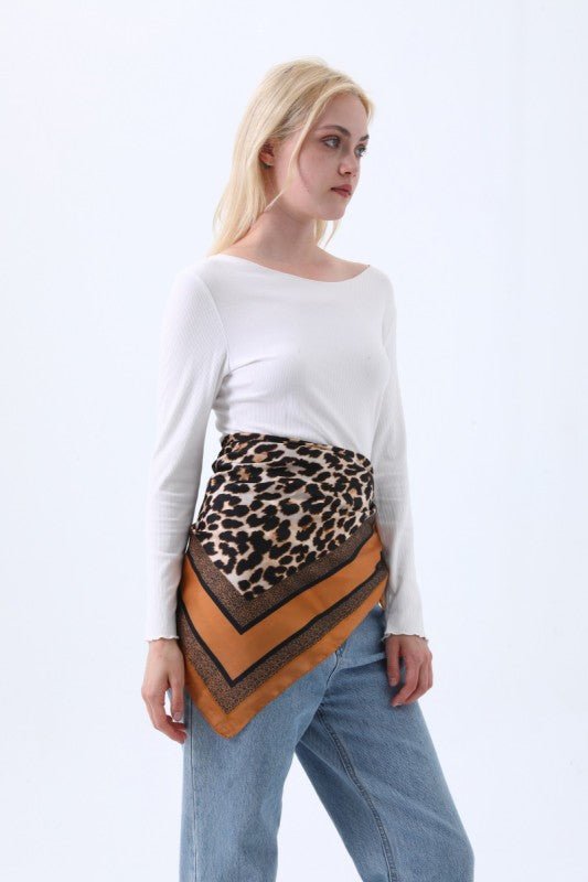 Leopard Print Satin Scarf in Camel