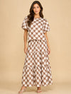Lainey Tiered Gingham Print Midi-Skirt in Brown