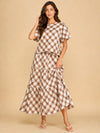 Lainey Tiered Gingham Print Midi-Skirt in Brown