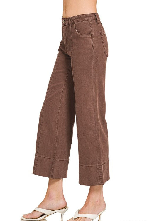 Willow Mid Rise Cropped Wide Leg Denim Pants in Brown