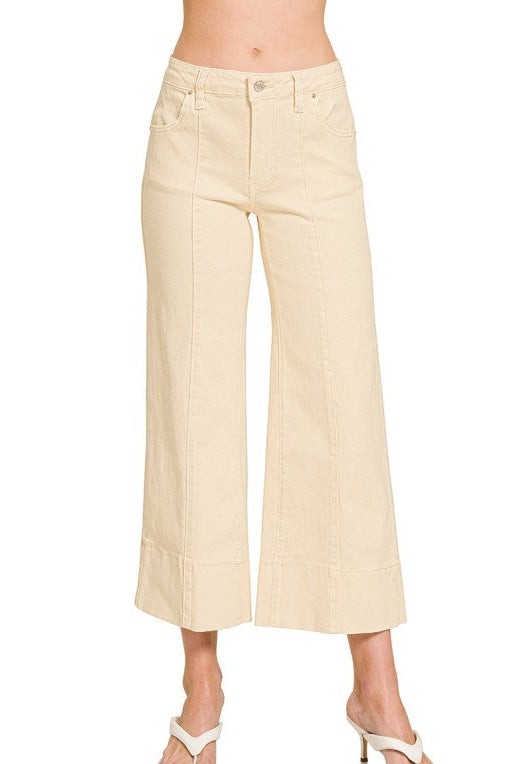 Willow Mid Rise Cropped Wide Leg Denim Pants in Cream Beige