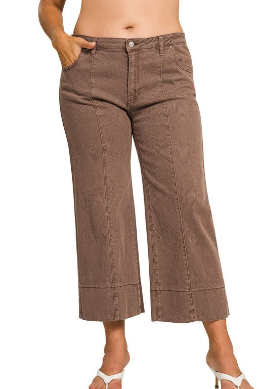 Willow Mid Rise Cropped Wide Leg Denim Pants in Brown - Curvy