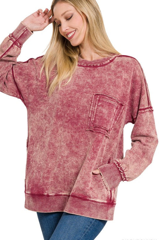 Ready, Set, Relax! Acid Wash French Terry Pullover in Dark Burgundy