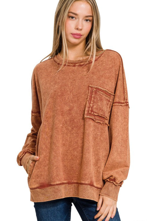 Ready, Set, Relax! Acid Wash French Terry Pullover in Rust