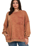 Ready, Set, Relax! Acid Wash French Terry Pullover in Rust - Curvy