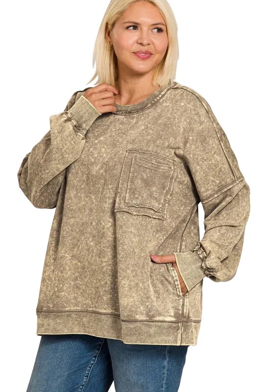 Ready, Set, Relax! Acid Wash French Terry Pullover in Mocha - Curvy