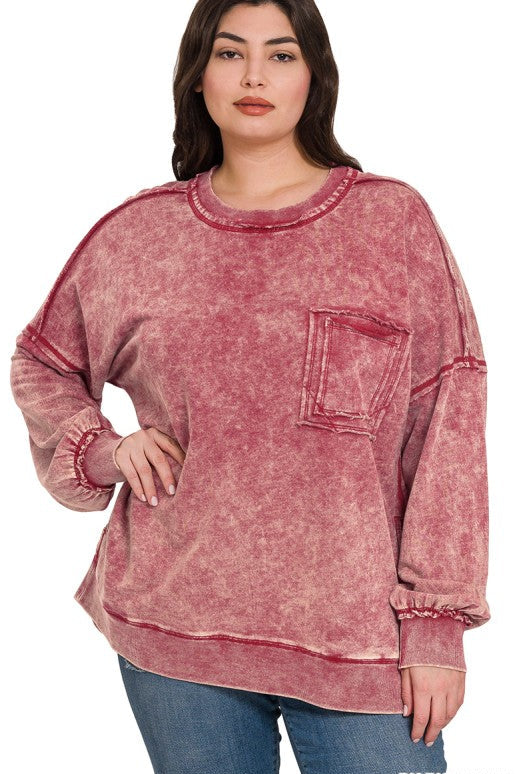 Ready, Set, Relax! Acid Wash French Terry Pullover in Dark Burgundy - Curvy
