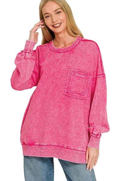 Ready, Set, Relax! Acid Wash French Terry Pullover in Hot Pink - Curvy