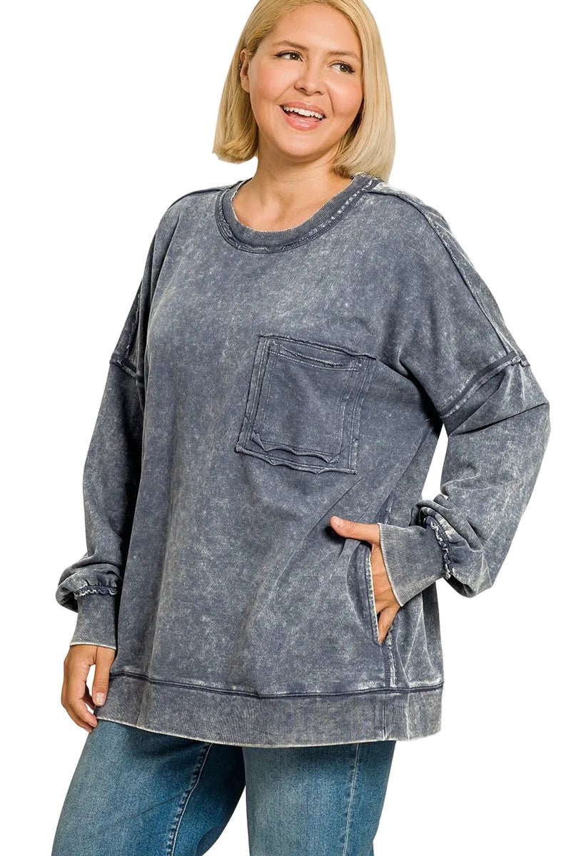 Ready, Set, Relax! Acid Wash French Terry Pullover in Blackberry - Curvy