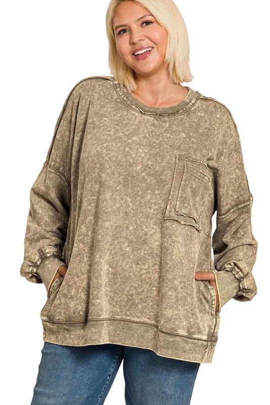 Ready, Set, Relax! Acid Wash French Terry Pullover in Mocha - Curvy