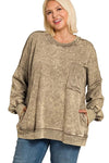 Ready, Set, Relax! Acid Wash French Terry Pullover in Mocha - Curvy