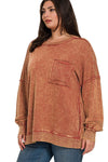 Ready, Set, Relax! Acid Wash French Terry Pullover in Rust - Curvy