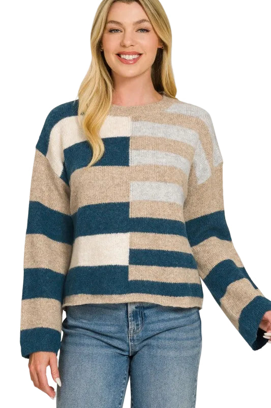 You Wear it Well Stripe Color Block Sweater in Teal