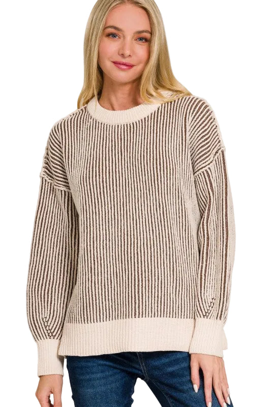 Here for the Fun Two-Tone Crewneck Sweater in Brown