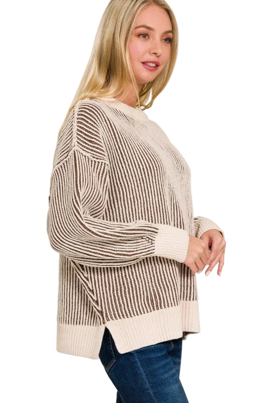 Here for the Fun Two-Tone Crewneck Sweater in Brown