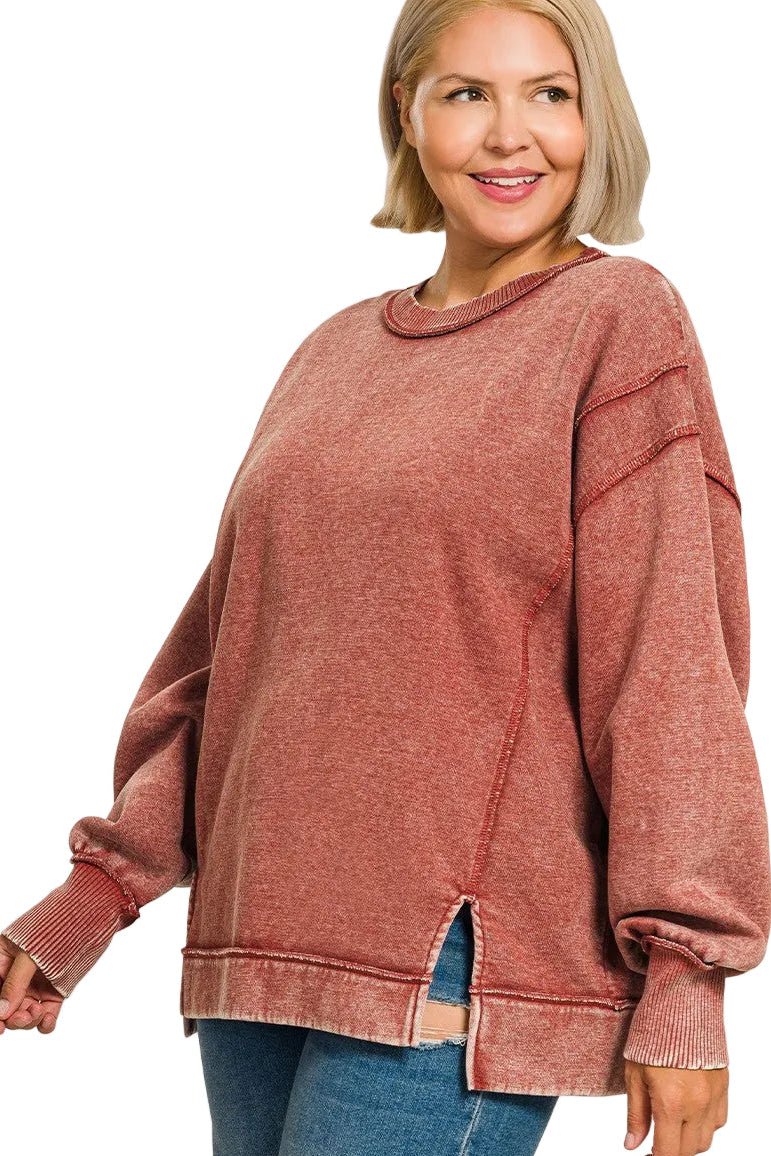 Time For Dreaming Acid Wash Fleece Sweatshirt in Dark Rust - Curvy