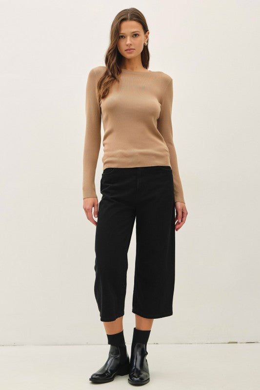 Claire Ribbed Knit Pullover Sweater in Taupe
