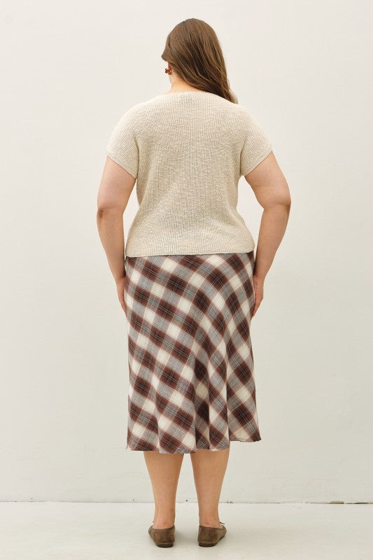 Plaid for Fall A-Line Midi Skirt in Brown - Curvy