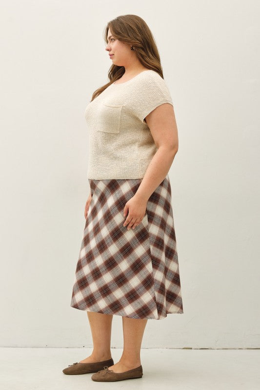 Plaid for Fall A-Line Midi Skirt in Brown - Curvy