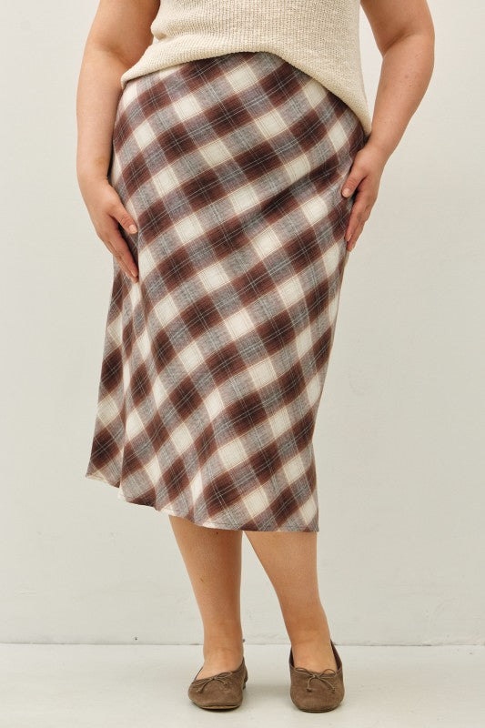 Plaid for Fall A-Line Midi Skirt in Brown - Curvy
