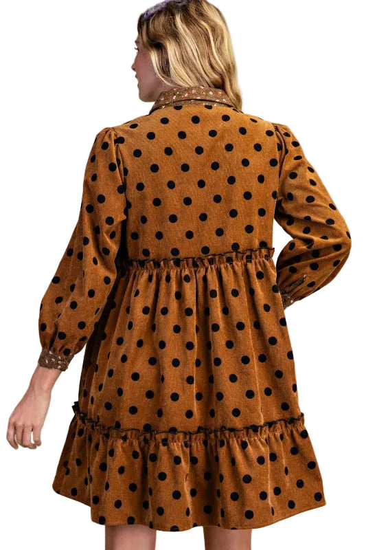 Oh So Charming Polka Dot Corduroy Dress in Caramel