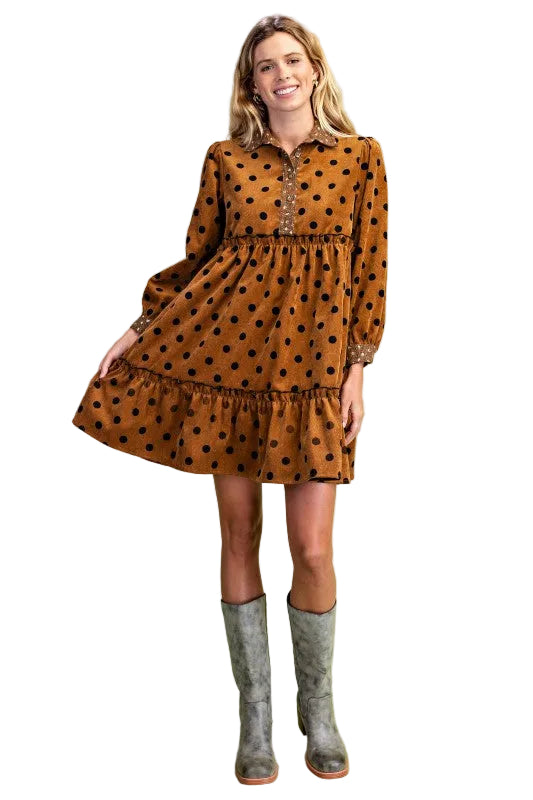 Oh So Charming Polka Dot Corduroy Dress in Caramel