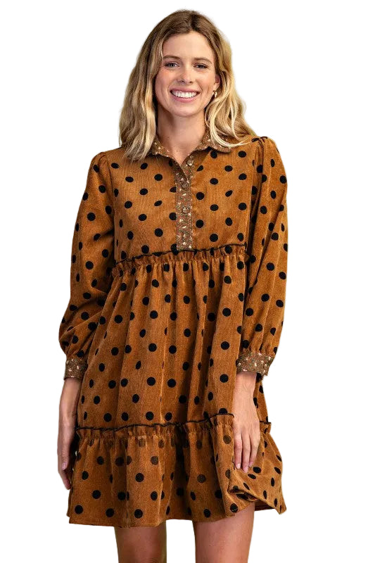 Oh So Charming Polka Dot Corduroy Dress in Caramel