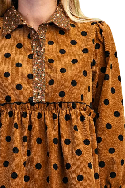 Oh So Charming Polka Dot Corduroy Dress in Caramel