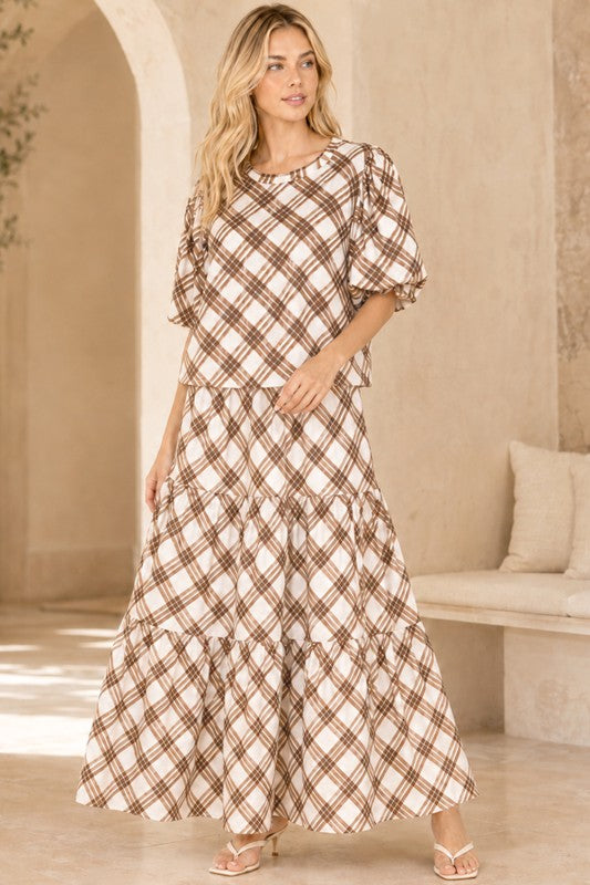 Lainey Tiered Gingham Print Midi-Skirt in Brown