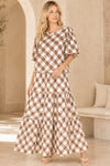 Lainey Tiered Gingham Print Midi-Skirt in Brown