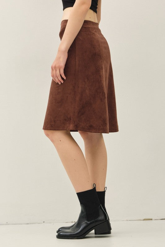 It Girl Faux Suede Knee Length A-Line Skirt in Coco Brown