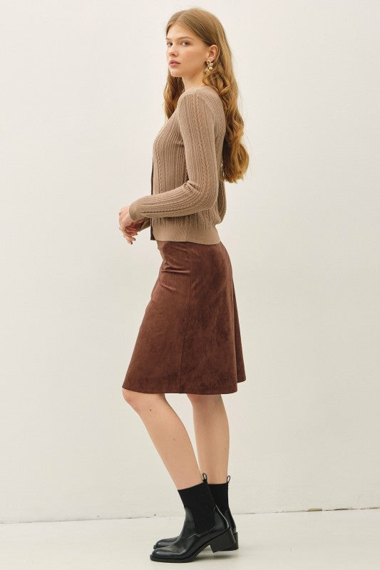 It Girl Faux Suede Knee Length A-Line Skirt in Coco Brown
