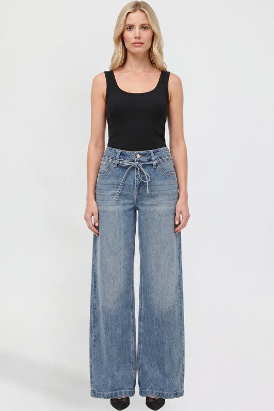 Kayla Wide Leg Tie Waist Jeans in Medium Wash