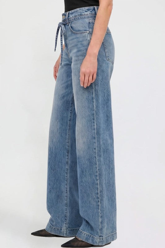 Kayla Wide Leg Tie Waist Jeans in Medium Wash
