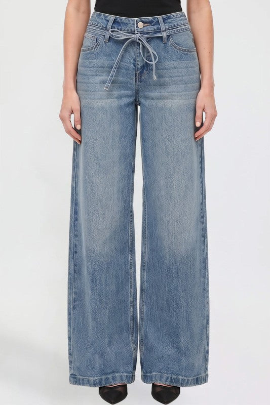 Kayla Wide Leg Tie Waist Jeans in Medium Wash