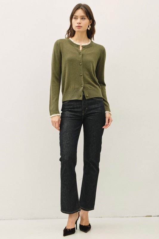 Genevieve Lace Trim Cardigan in Forest Green
