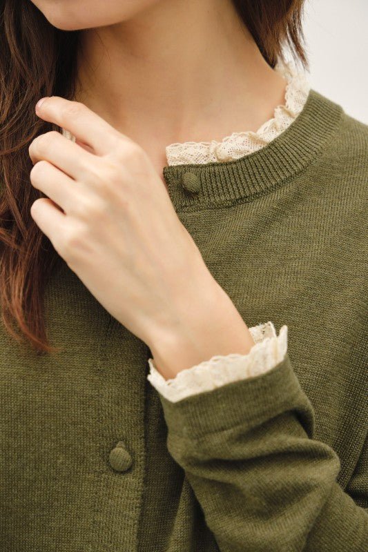 Genevieve Lace Trim Cardigan in Forest Green