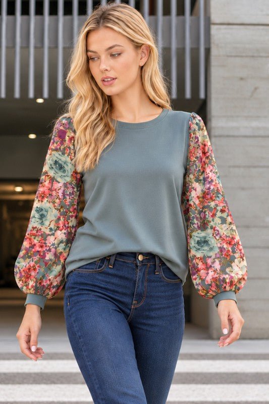 Captivating You Floral Sleeve Top in Dark Sage — product image 1