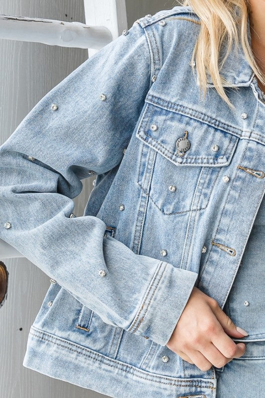 Rhinestone Cropped Denim Trucker Jacket in Medium Wash