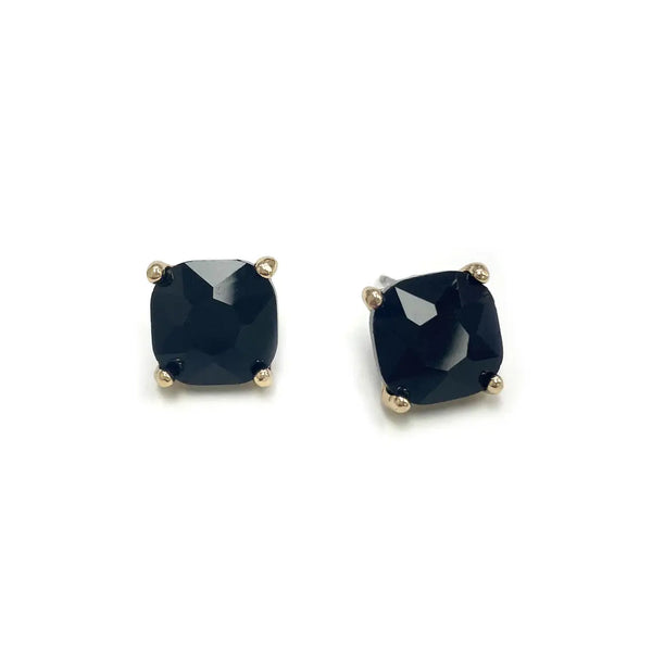 Broadway 12mm Cushion Cut Square Crystal Glass Bead Stud Earrings in Black