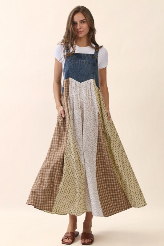 Eliana Patchwork Overall Maxi Dress in Light Denim - Curvy