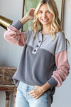 Over the Moon Ribbed Color Block Top in Charcoal