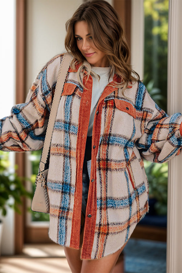 Can't Help Myself Plaid Button Down Shacket in Rust - Curvy